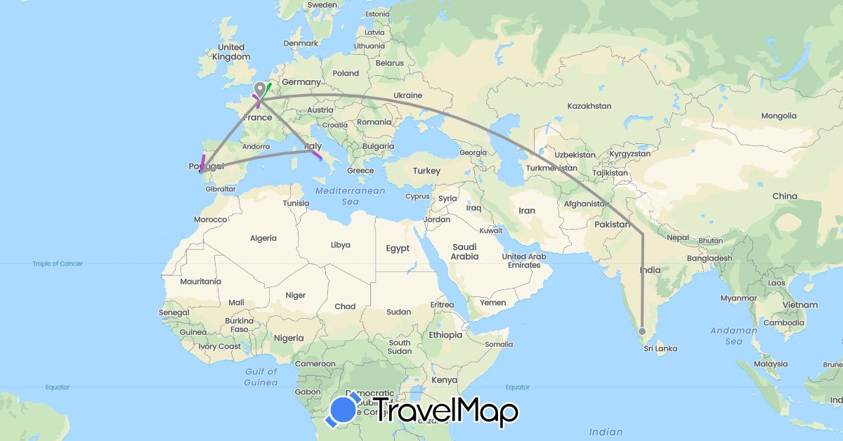 TravelMap itinerary: driving, bus, plane, train, boat in Belgium, France, India, Italy, Portugal, Vatican City (Asia, Europe)